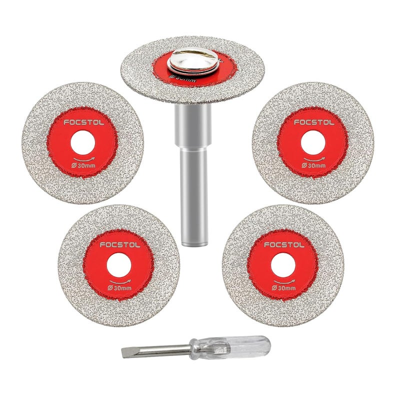 FOCSTOL Mini Diamond Glass Cutting Disc - 5pcs 1-3/16 Inch(30mm) Saw Blade and 1pc 1/4 Inch(6mm) Round Shank for Glass Jade Marble Granite Artificial Stone Porcelain Tile Ceramic - Image 1